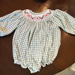 Green Gingham with Christmas Holly Girl Bubble One Piece